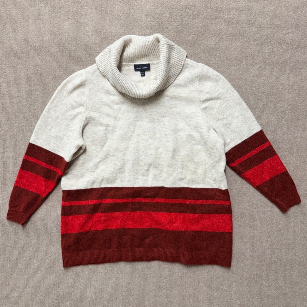 Lane Bryant Womens Cowl Neck Sweater Striped Colorblock Knit Cream Red 18/20
